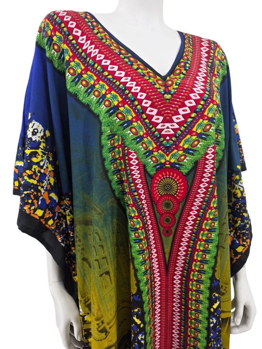 Colorful Kaftan Maxi Dress With Tribal Print And V-Neckline By Winlan One Size F